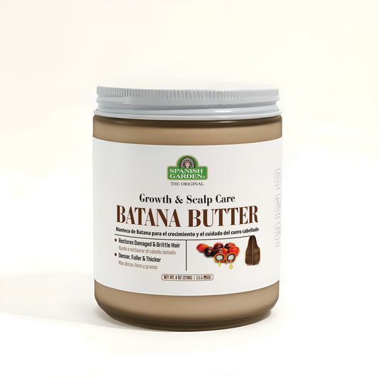 Jar of Batana Butter with a white label on a white background