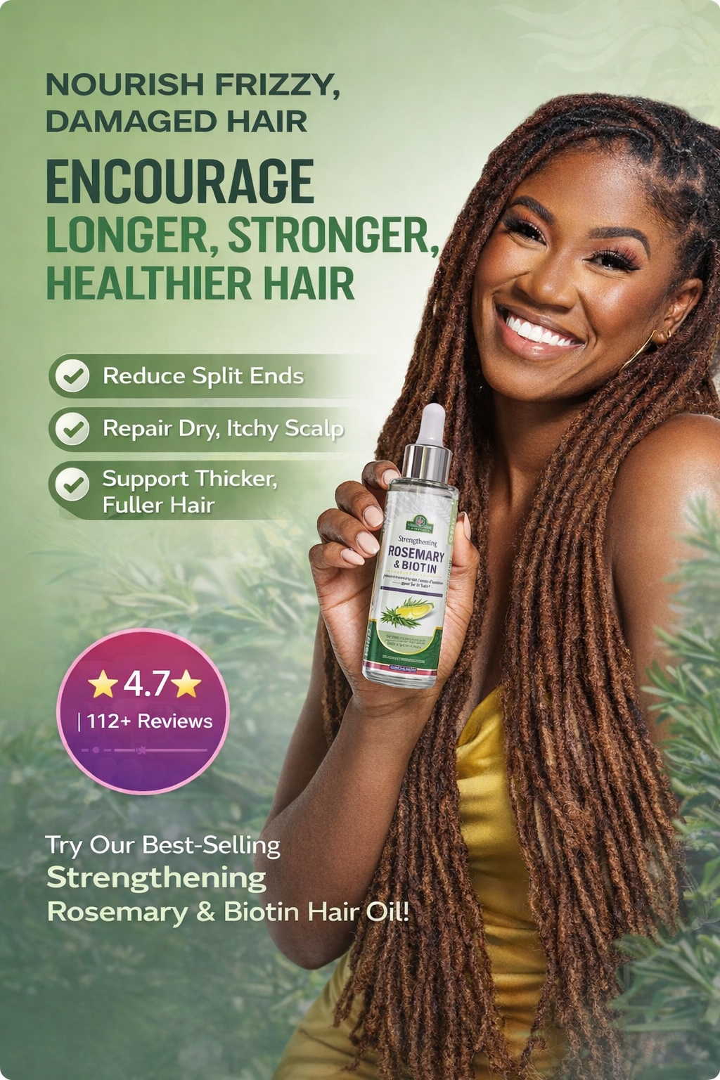 Strengthening Rosemary & Biotin Hair Oil for Frizzy, Damaged Hair – Split Ends Repair & Dry Scalp Treatment to Support Longer, Healthier, Stronger Hair | 4oz