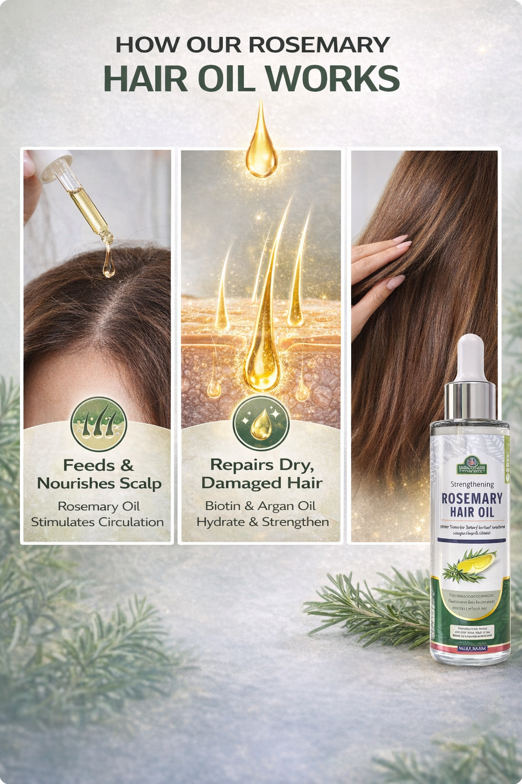 Strengthening Rosemary & Biotin Hair Oil for Frizzy, Damaged Hair – Split Ends Repair & Dry Scalp Treatment to Support Longer, Healthier, Stronger Hair | 4oz