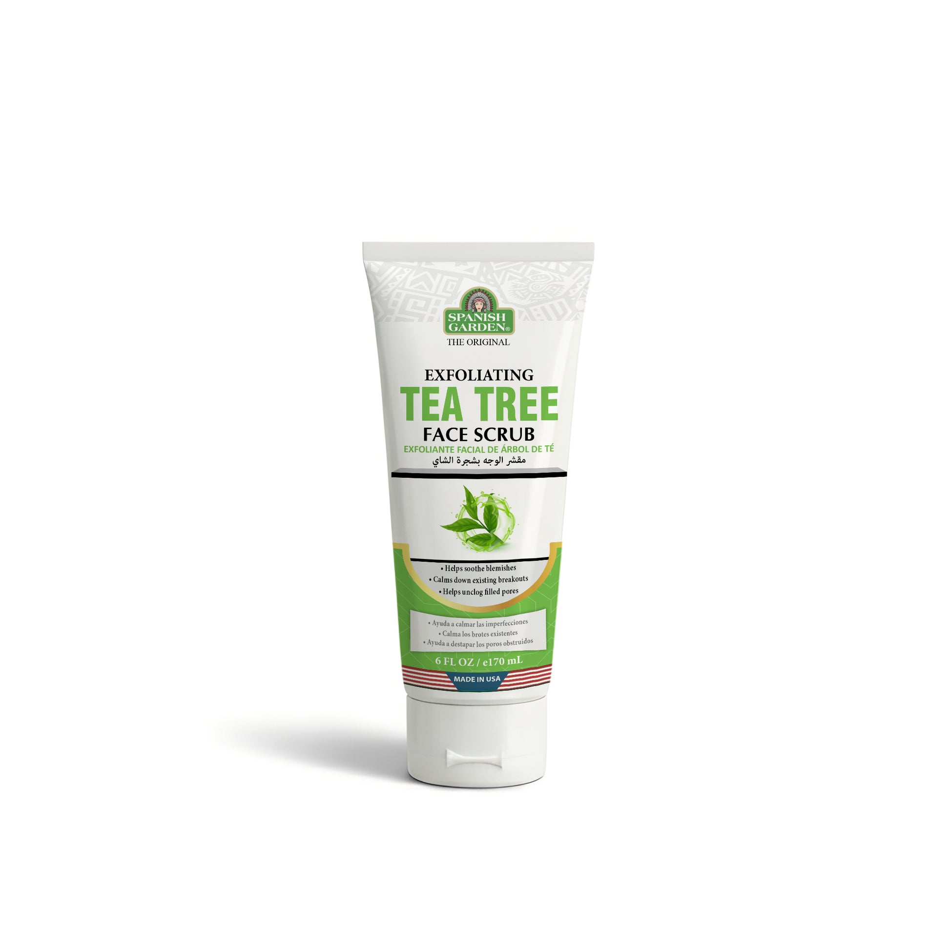 Tube of exfoliating tea tree face scrub on a white background