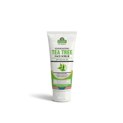Tube of exfoliating tea tree face scrub on a white background